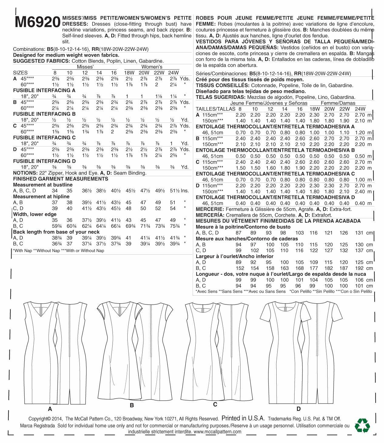 McCall Pattern Company M6920 Misses/Miss Petite/Womens/Womens Petite Dresses,