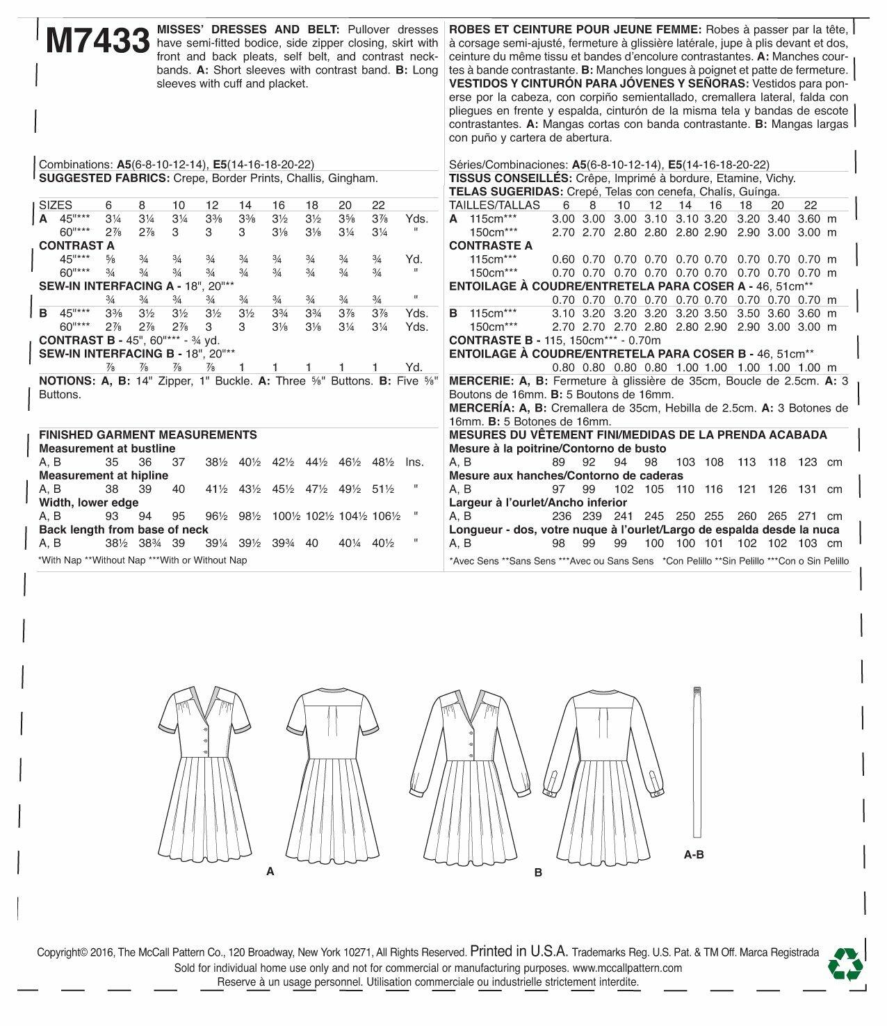 McCall's Patterns Misses' Inverted Notch-Collar Shirt Dresses and Belt Sewing