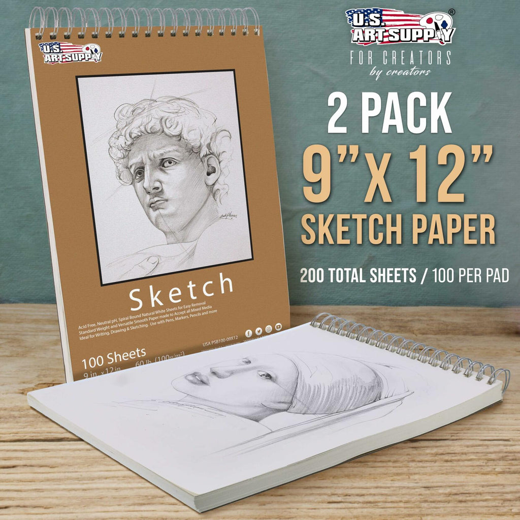 2 Pack U.S. Art Supply 9"x12" Top Spiral Bound Sketch Book, 100 Sheets Each,