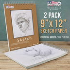 2 Pack U.S. Art Supply 9"x12" Top Spiral Bound Sketch Book, 100 Sheets Each,