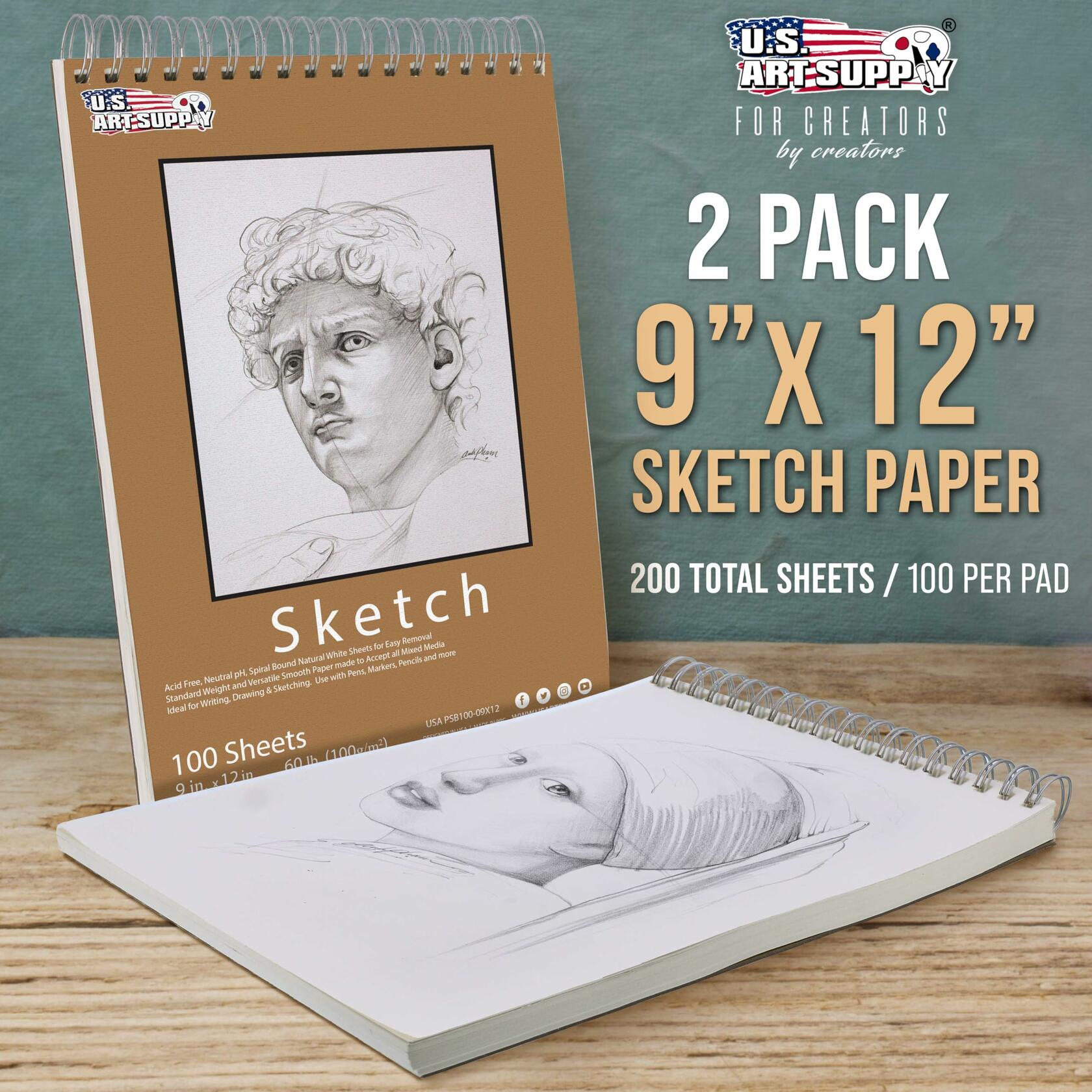 2 Pack U.S. Art Supply 9"x12" Top Spiral Bound Sketch Book, 100 Sheets Each,