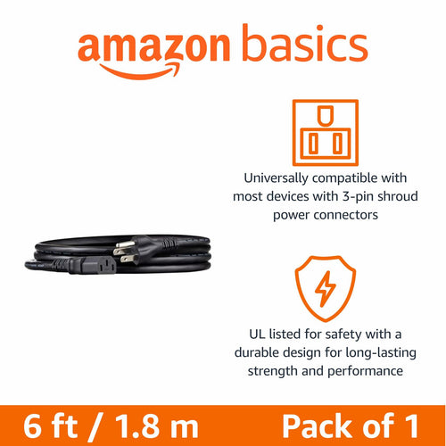 Amazon Basics PC Power Cord, 6 feet, AC Power Cord for Monitor, Computer, TV, 3