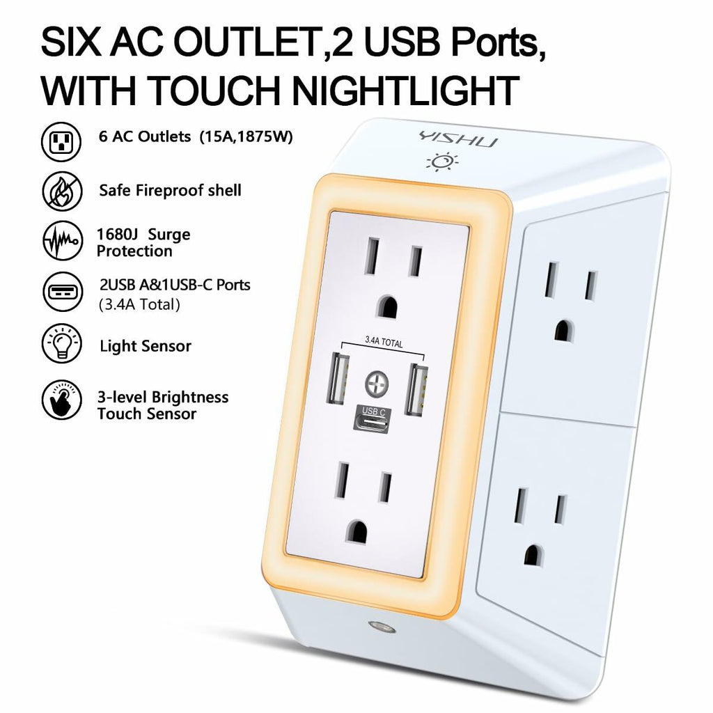 Multi Plug Outlet Surge Protector YISHU 3 Sided Power Strip with 6 AC Outlet