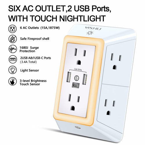 Multi Plug Outlet Surge Protector YISHU 3 Sided Power Strip with 6 AC Outlet