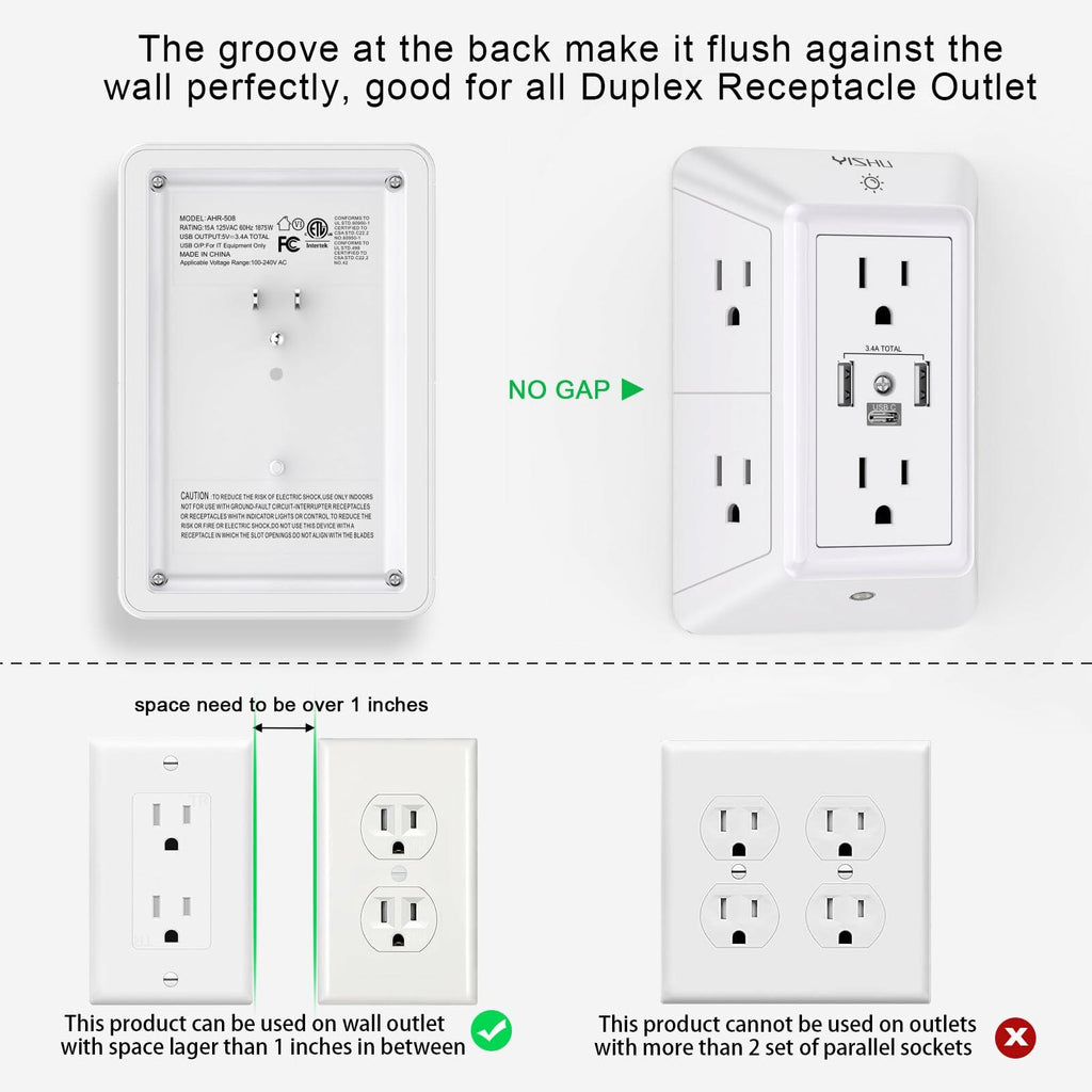 Multi Plug Outlet Surge Protector YISHU 3 Sided Power Strip with 6 AC Outlet