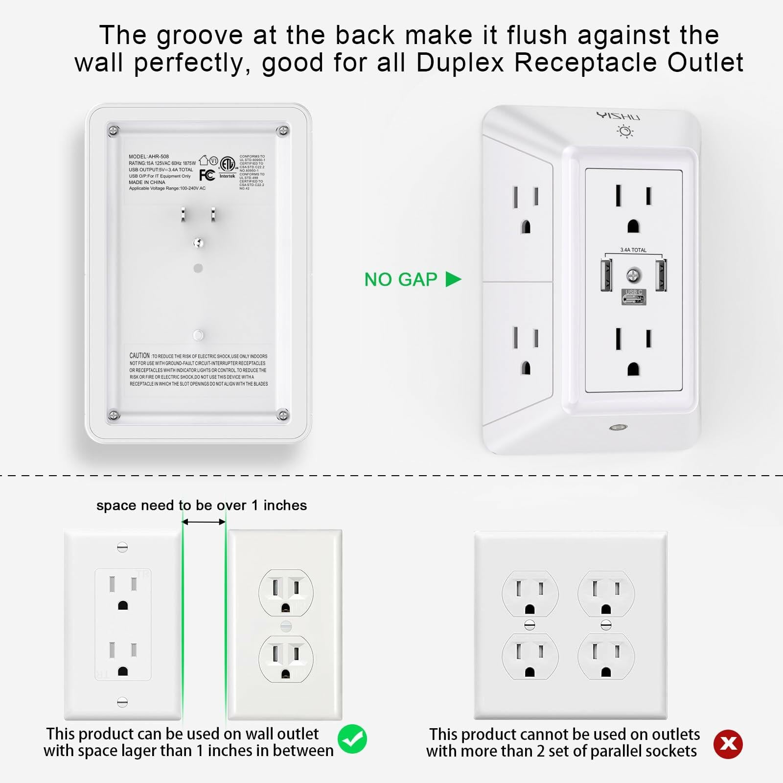 Multi Plug Outlet Surge Protector YISHU 3 Sided Power Strip with 6 AC Outlet