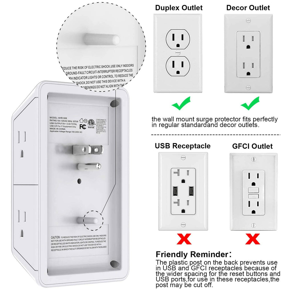Multi Plug Outlet Surge Protector YISHU 3 Sided Power Strip with 6 AC Outlet