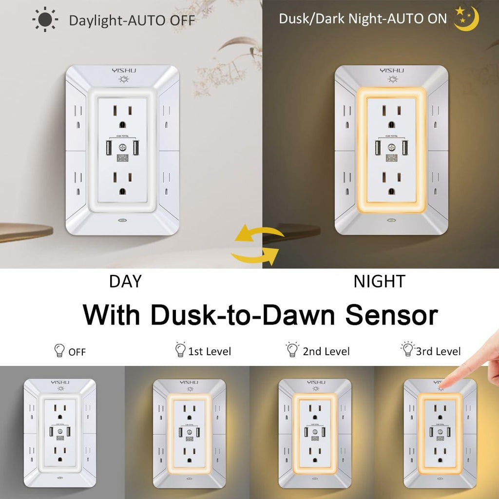 Multi Plug Outlet Surge Protector YISHU 3 Sided Power Strip with 6 AC Outlet