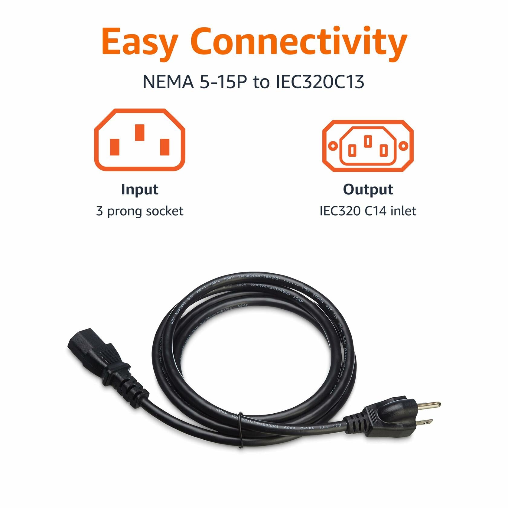 Amazon Basics PC Power Cord, 6 feet, AC Power Cord for Monitor, Computer, TV, 3