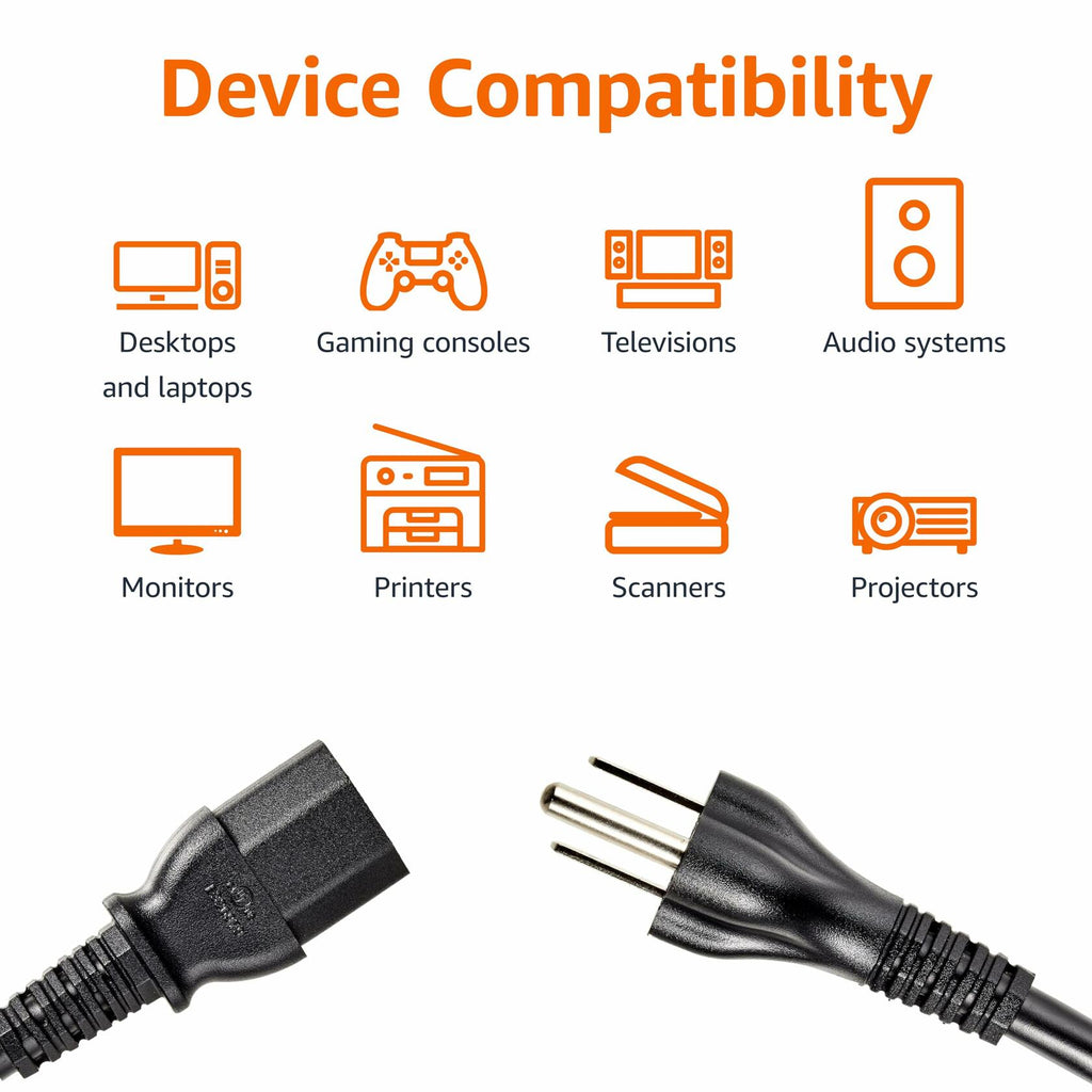 Amazon Basics PC Power Cord, 6 feet, AC Power Cord for Monitor, Computer, TV, 3
