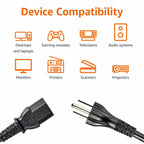 Amazon Basics PC Power Cord, 6 feet, AC Power Cord for Monitor, Computer, TV, 3