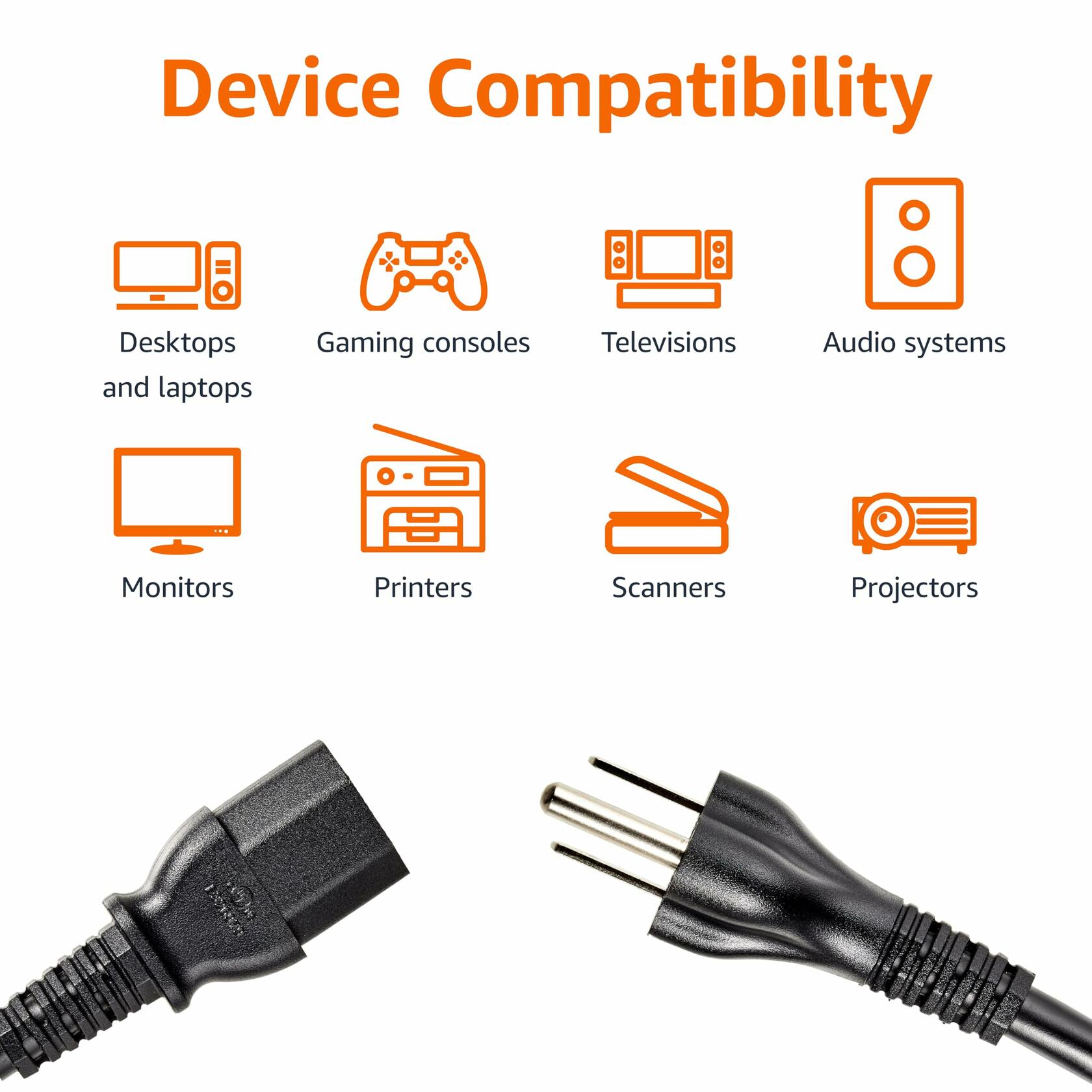 Amazon Basics PC Power Cord, 6 feet, AC Power Cord for Monitor, Computer, TV, 3