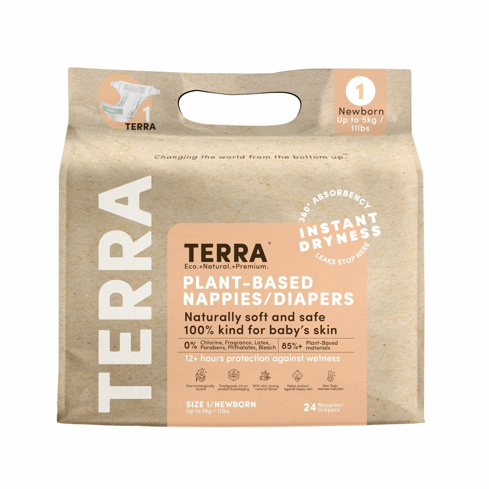 96 Count (4 Packs Of 24) Terra Size 1 Newborn Diapers: 85% Plant-Based,