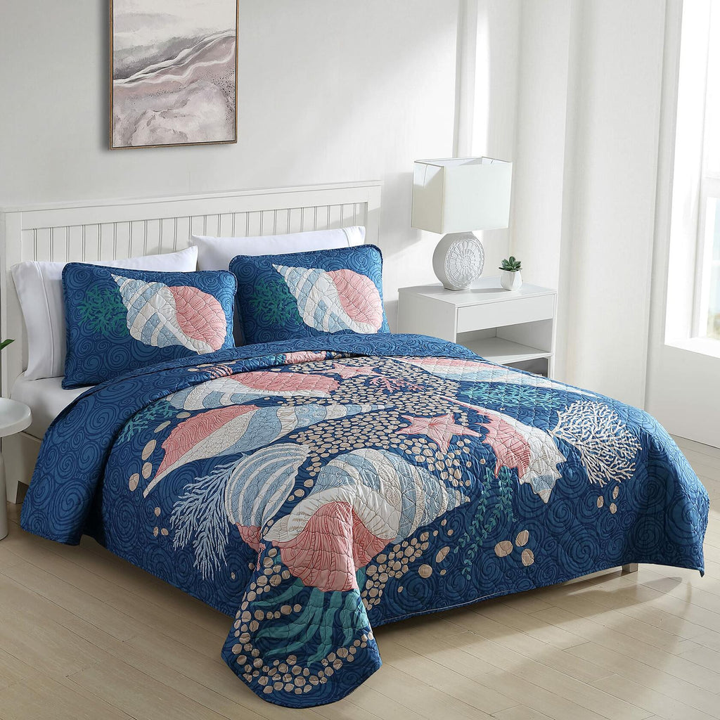 CARIBBEAN JOE Coastal 3-Piece Quilt Set, Full/Queen, Patterned Shell Navy