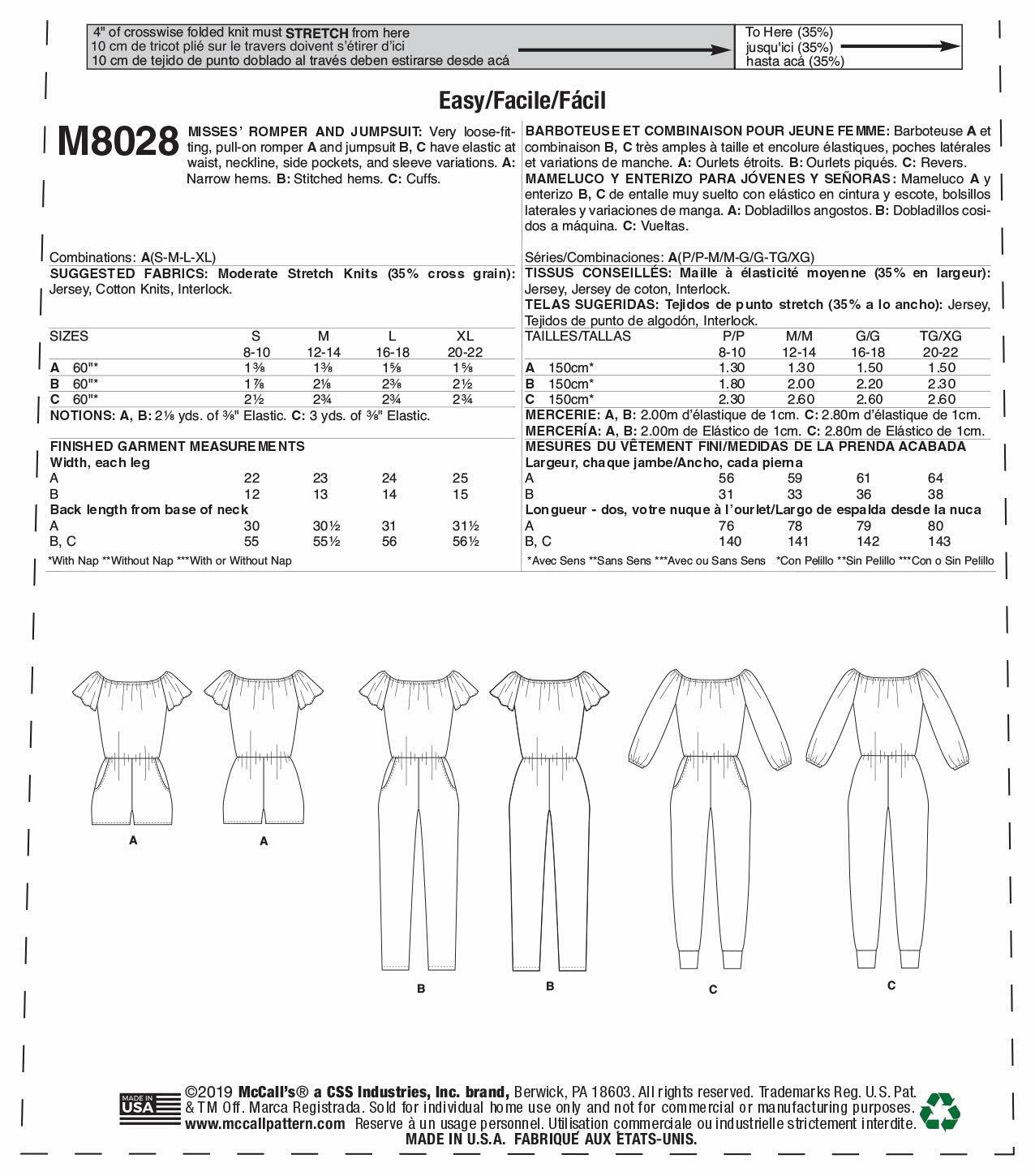 1 McCall Pattern S-M-L-XL, Various Colours
