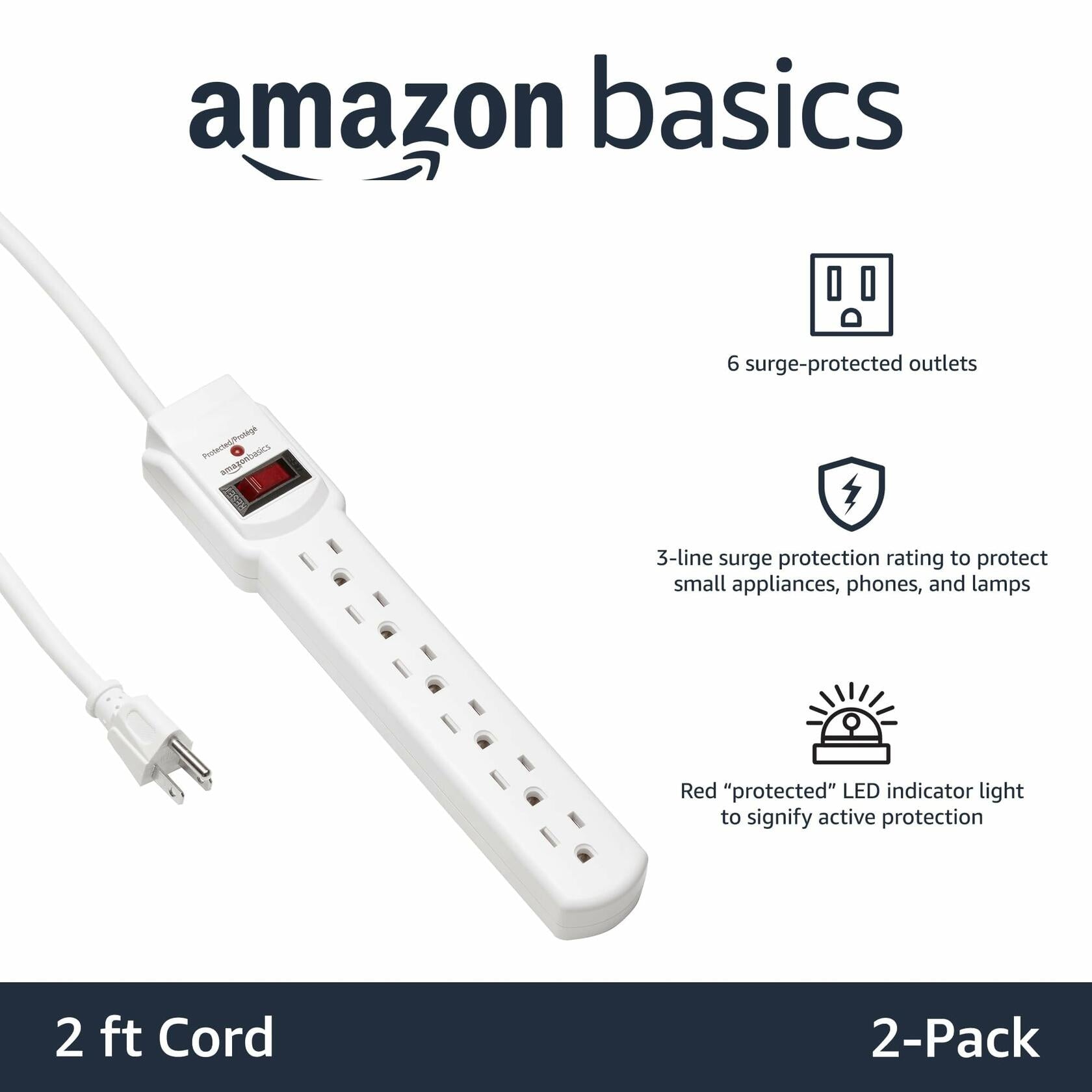 Amazon Basics Surge Protector Power Strip, 6-Outlet with 200J Protection, 2ft