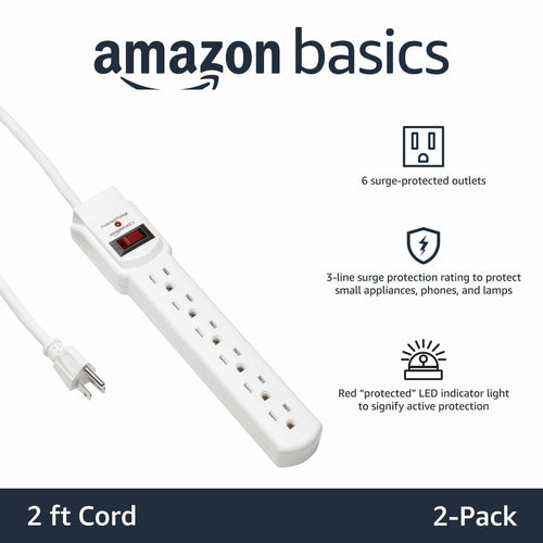 Amazon Basics Surge Protector Power Strip, 6-Outlet with 200J Protection, 2ft