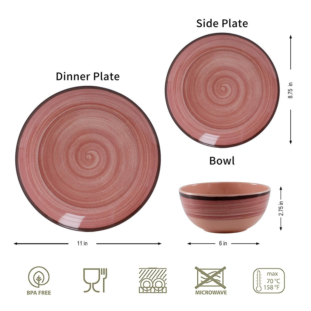 12Pcs Melamine Dinnerware Set, Plates And Bowls Sets for 4, Pink Color