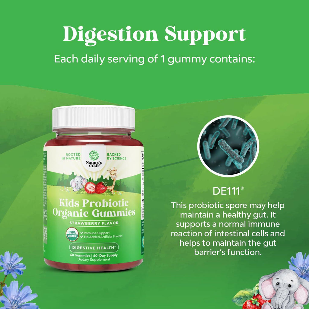 60 Count USDA Organic Kids Probiotic Gummies - Gut Bacteria Probiotics for