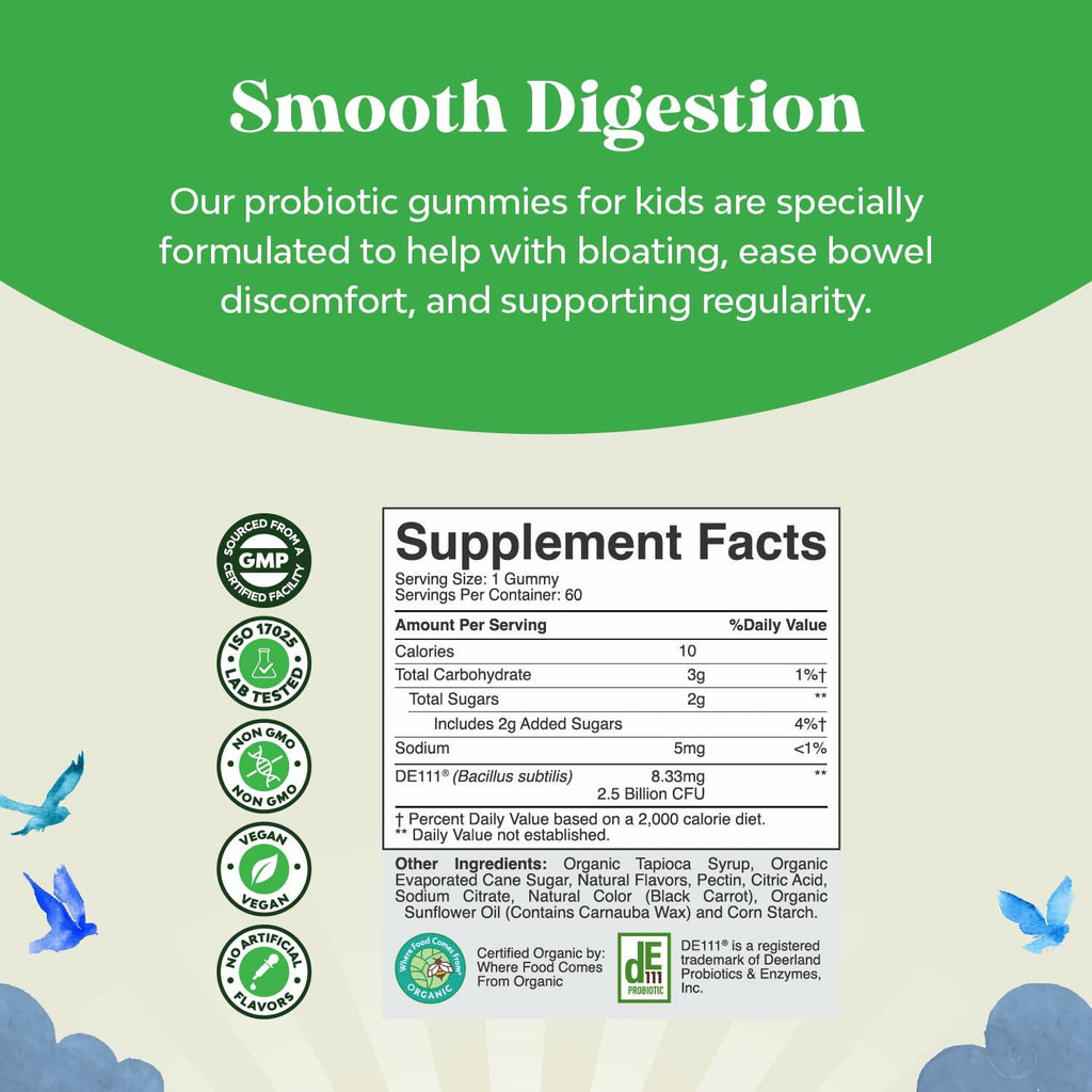 60 Count USDA Organic Kids Probiotic Gummies - Gut Bacteria Probiotics for