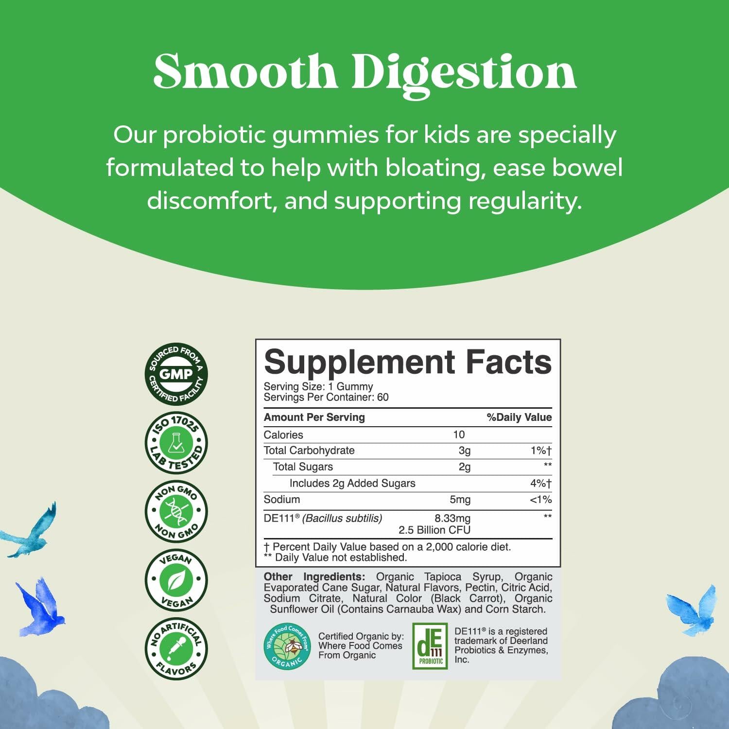 60 Count USDA Organic Kids Probiotic Gummies - Gut Bacteria Probiotics for
