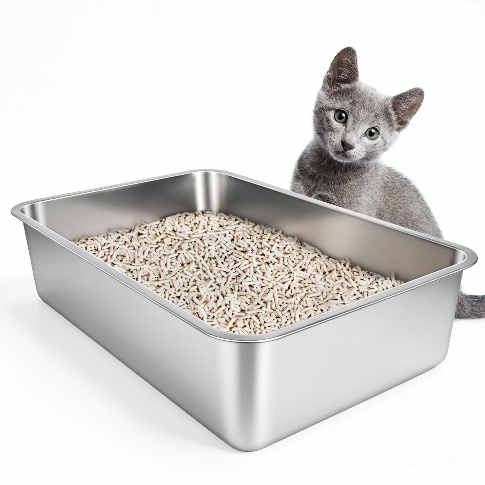Open Box IKITCHEN Stainless Steel Cat Litter Box, 19.5" L x 13.5" W x 4" H Large