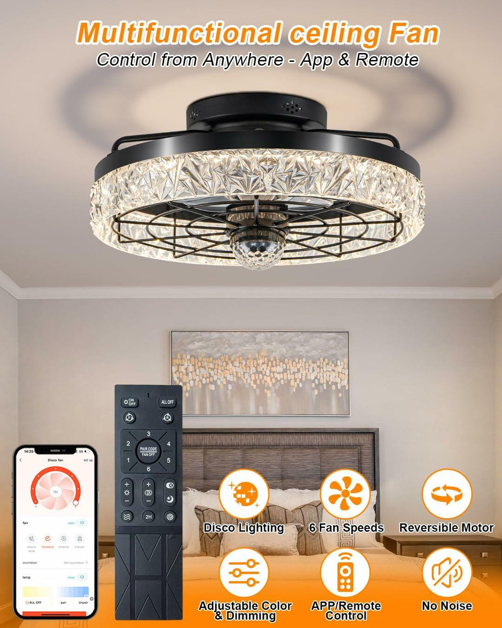 Disco Ceiling Fans with Lights,7 Color Disco Ball Modes, Flush Mount Low Profile