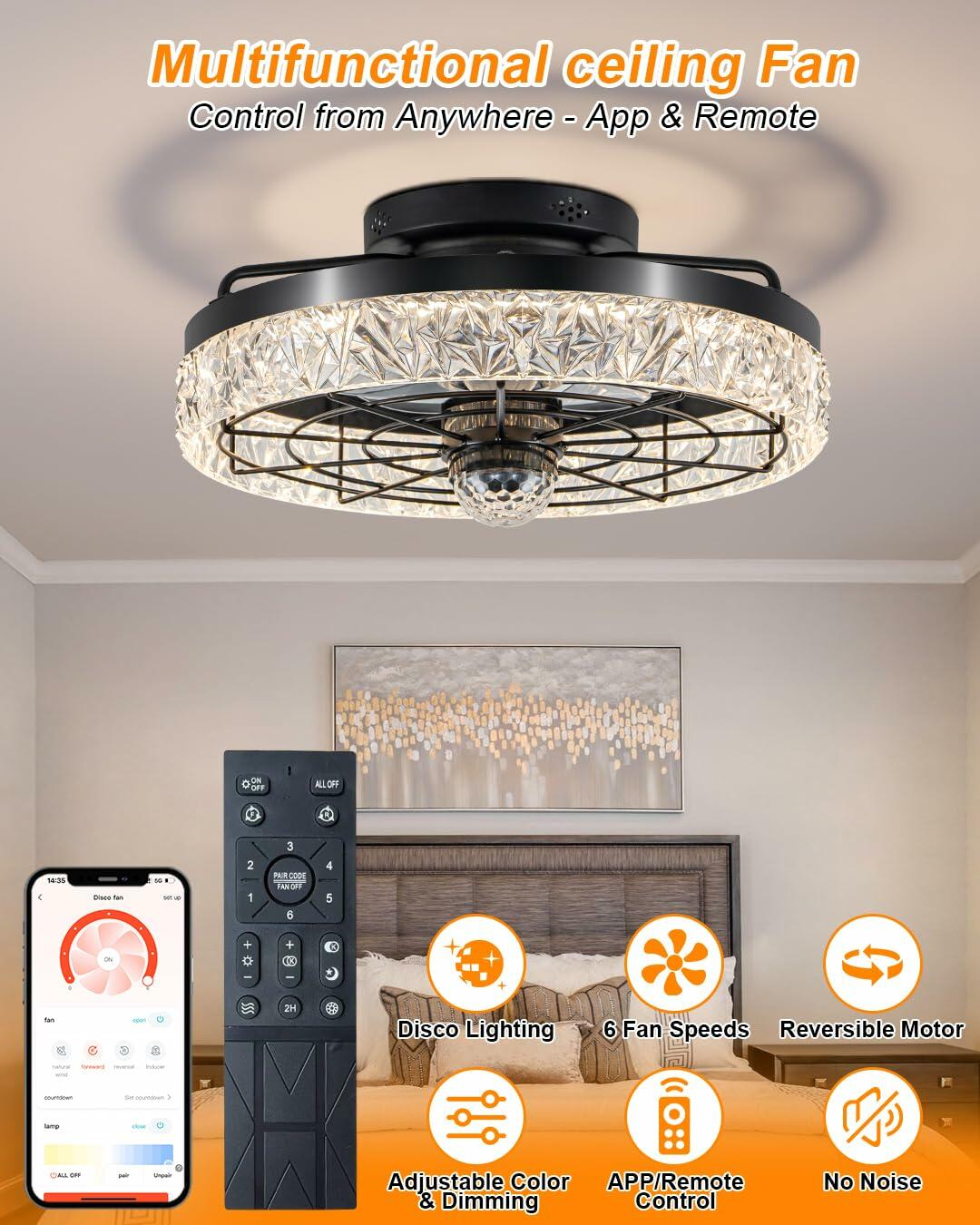 Disco Ceiling Fans with Lights,7 Color Disco Ball Modes, Flush Mount Low Profile