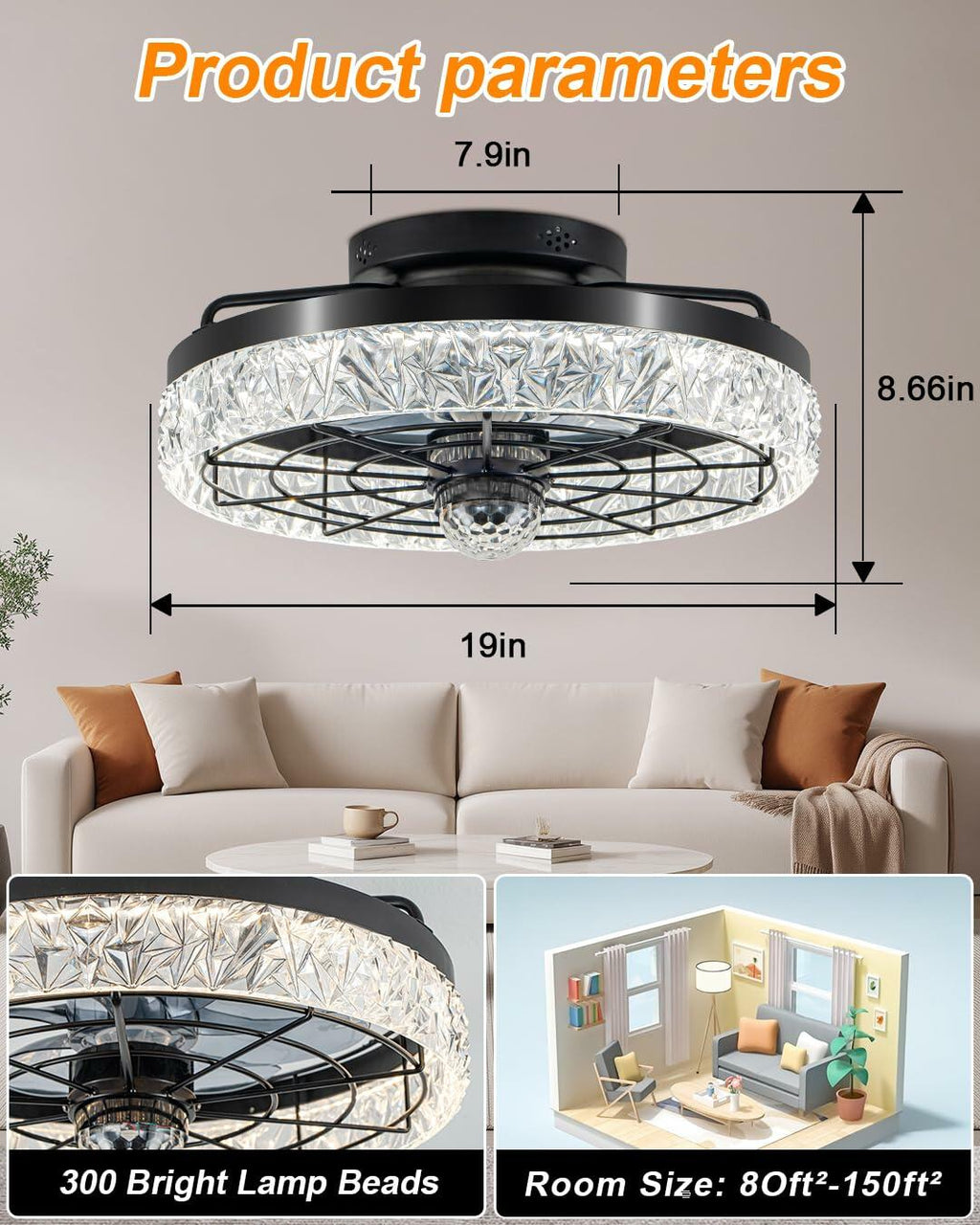 Disco Ceiling Fans with Lights,7 Color Disco Ball Modes, Flush Mount Low Profile