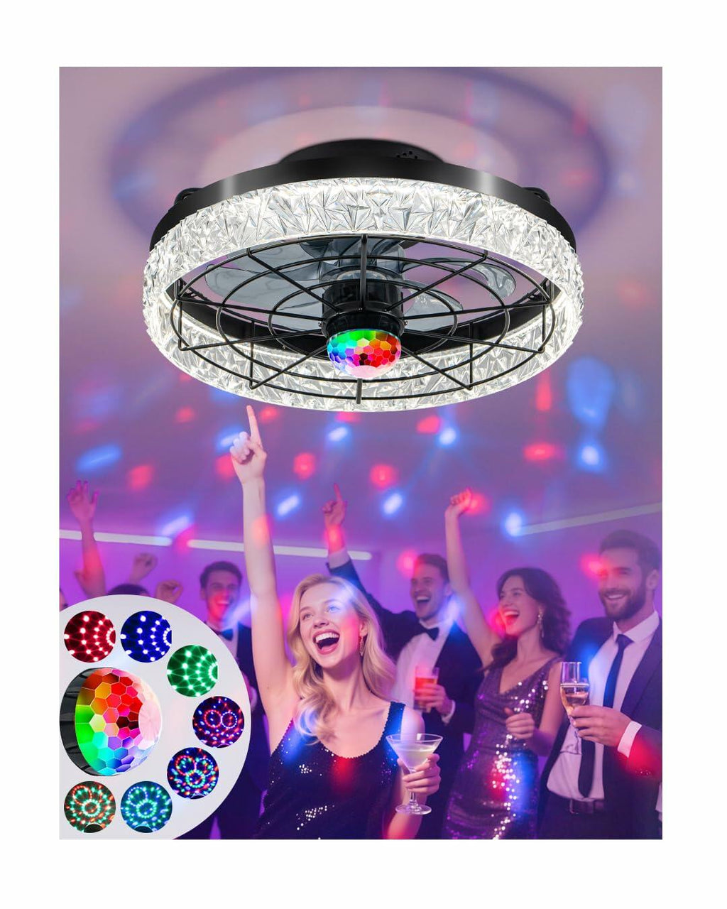 Disco Ceiling Fans with Lights,7 Color Disco Ball Modes, Flush Mount Low Profile