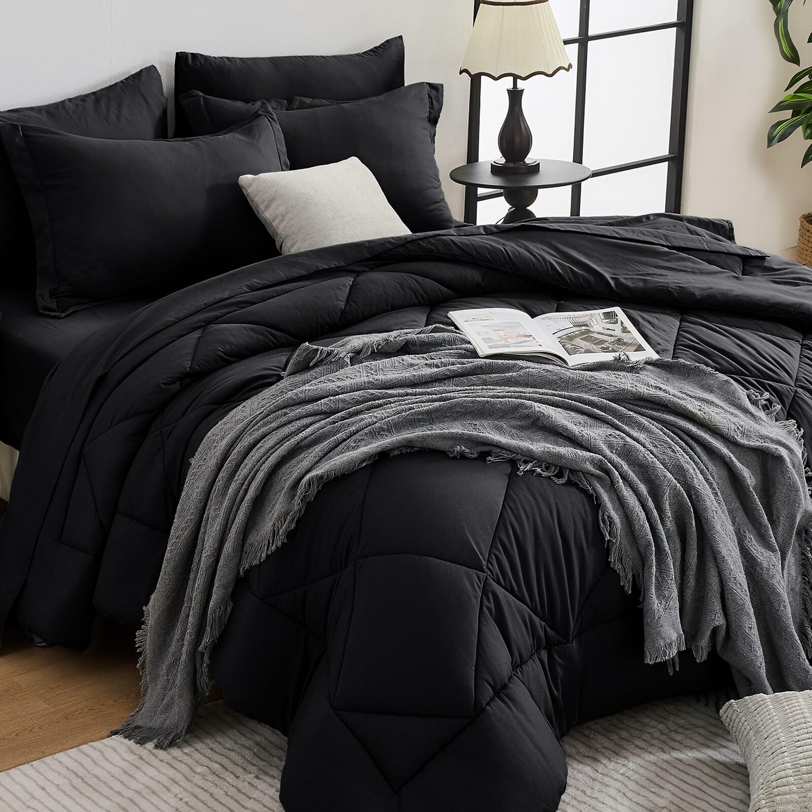 HEVUMYI Black Queen Comforter Set - 7-Piece All Season Bed in a Bag Queen, Ultra