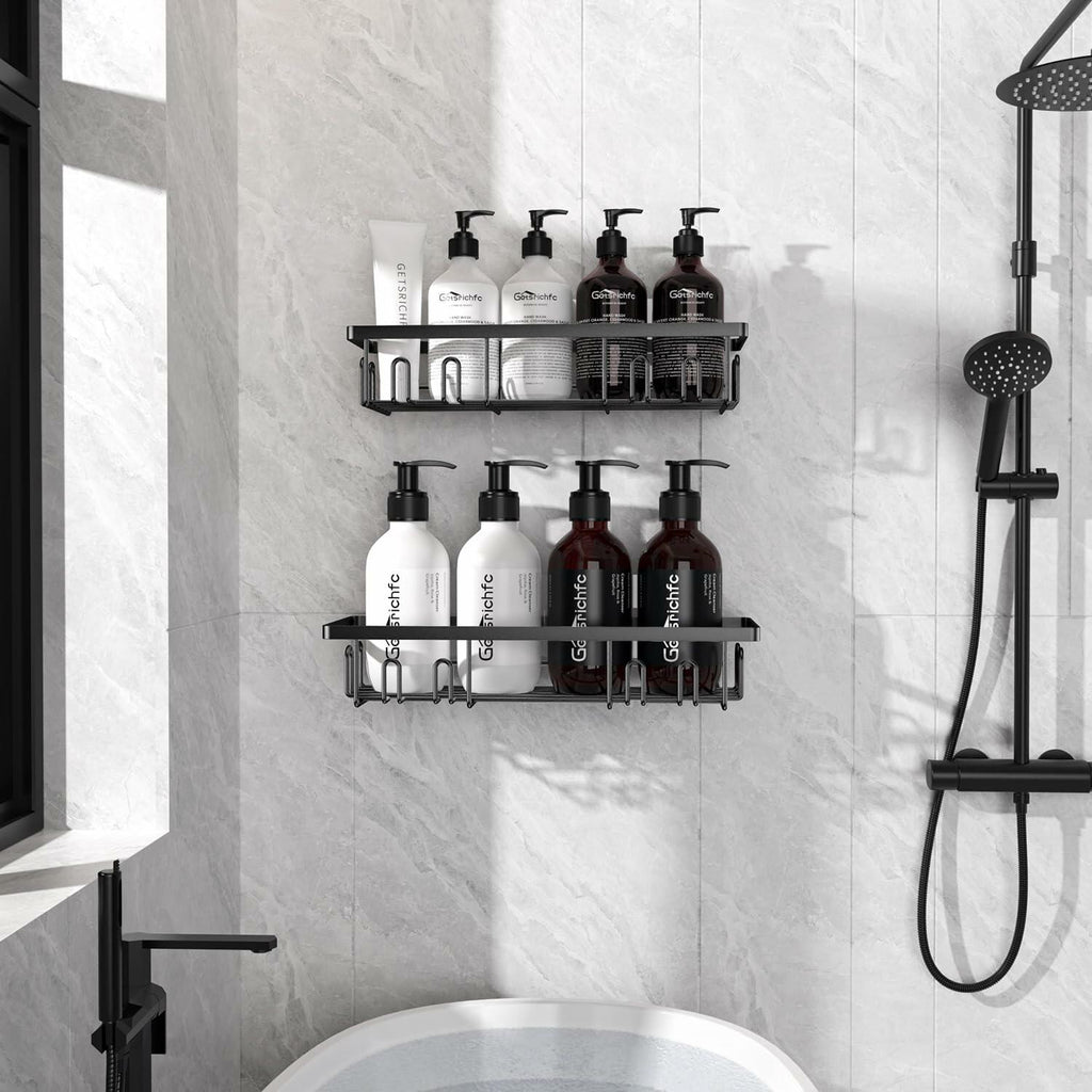 2 PACK Getsrichfc Adhesive Shower Caddy, Shower Shelves with 16 Hooks, Rustproof