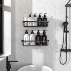 2 PACK Getsrichfc Adhesive Shower Caddy, Shower Shelves with 16 Hooks, Rustproof