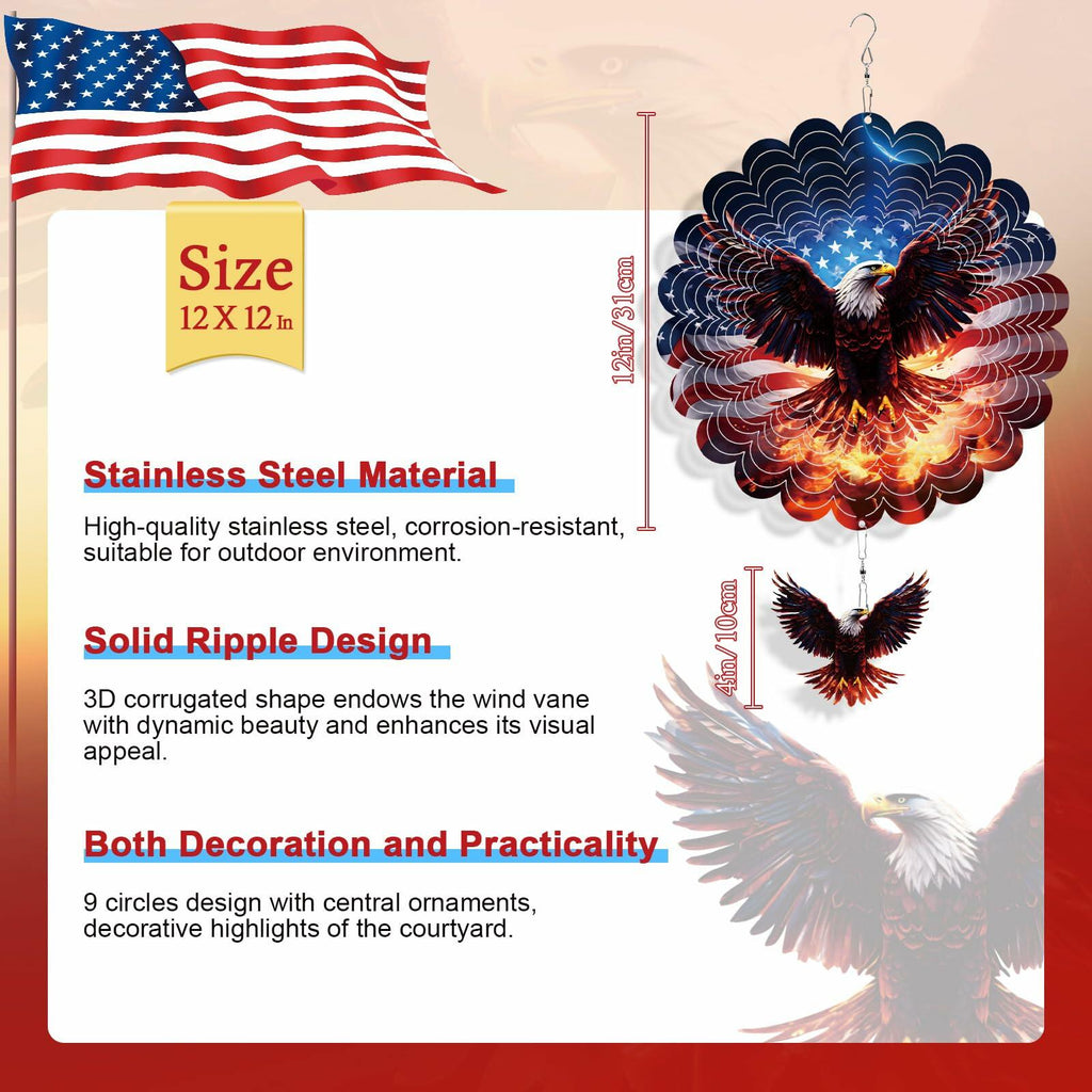 Rngmsi American Flag Eagle Hanging Wind Spinner Outdoor, 12 Inches 3D Stainless