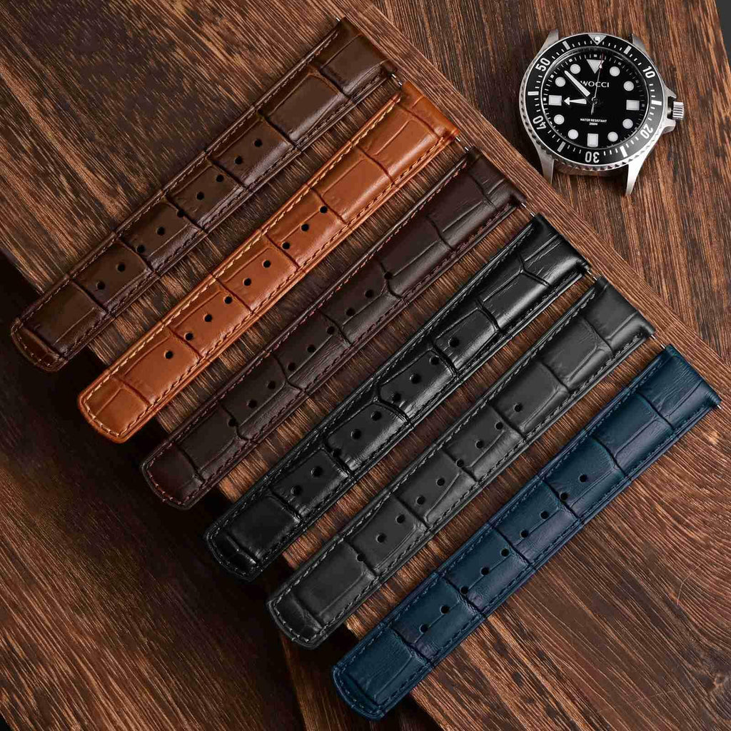 WOCCI 20mm Watch Band, Top Grain Leather, Embossed Alligator Grain, Quick