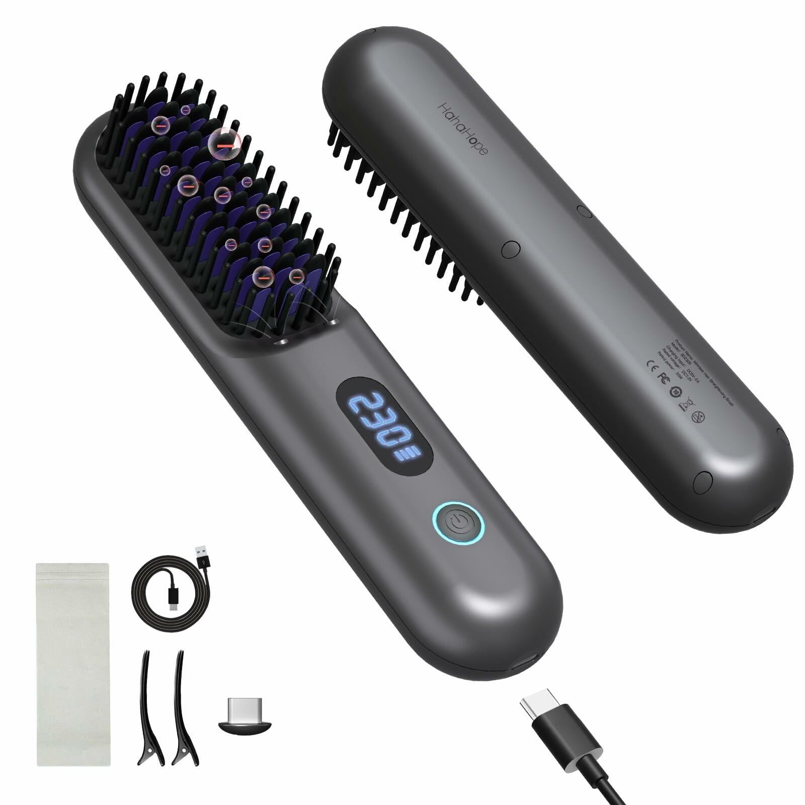 Cordless Hair Straightener Brush - Portable Straightener Brush with 9 Temp