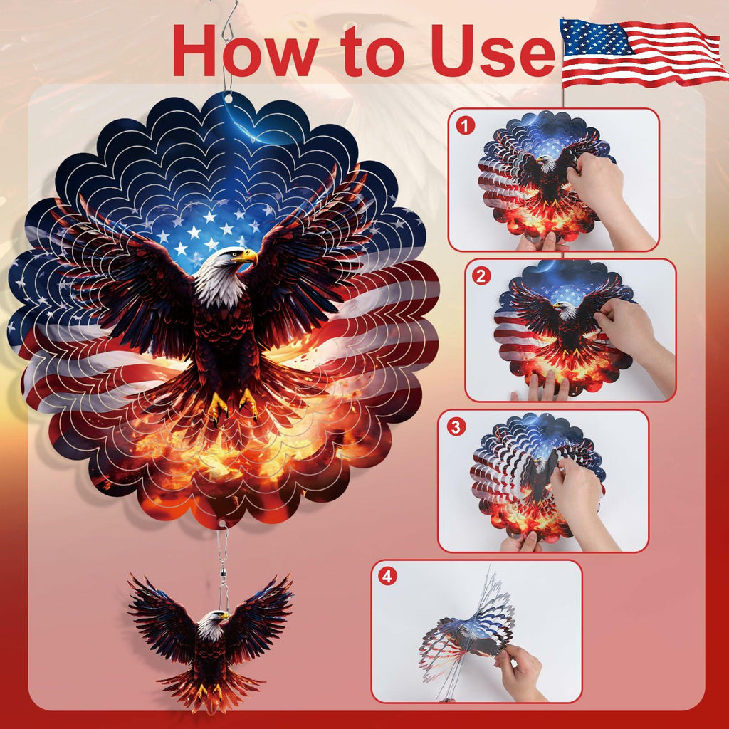 Rngmsi American Flag Eagle Hanging Wind Spinner Outdoor, 12 Inches 3D Stainless