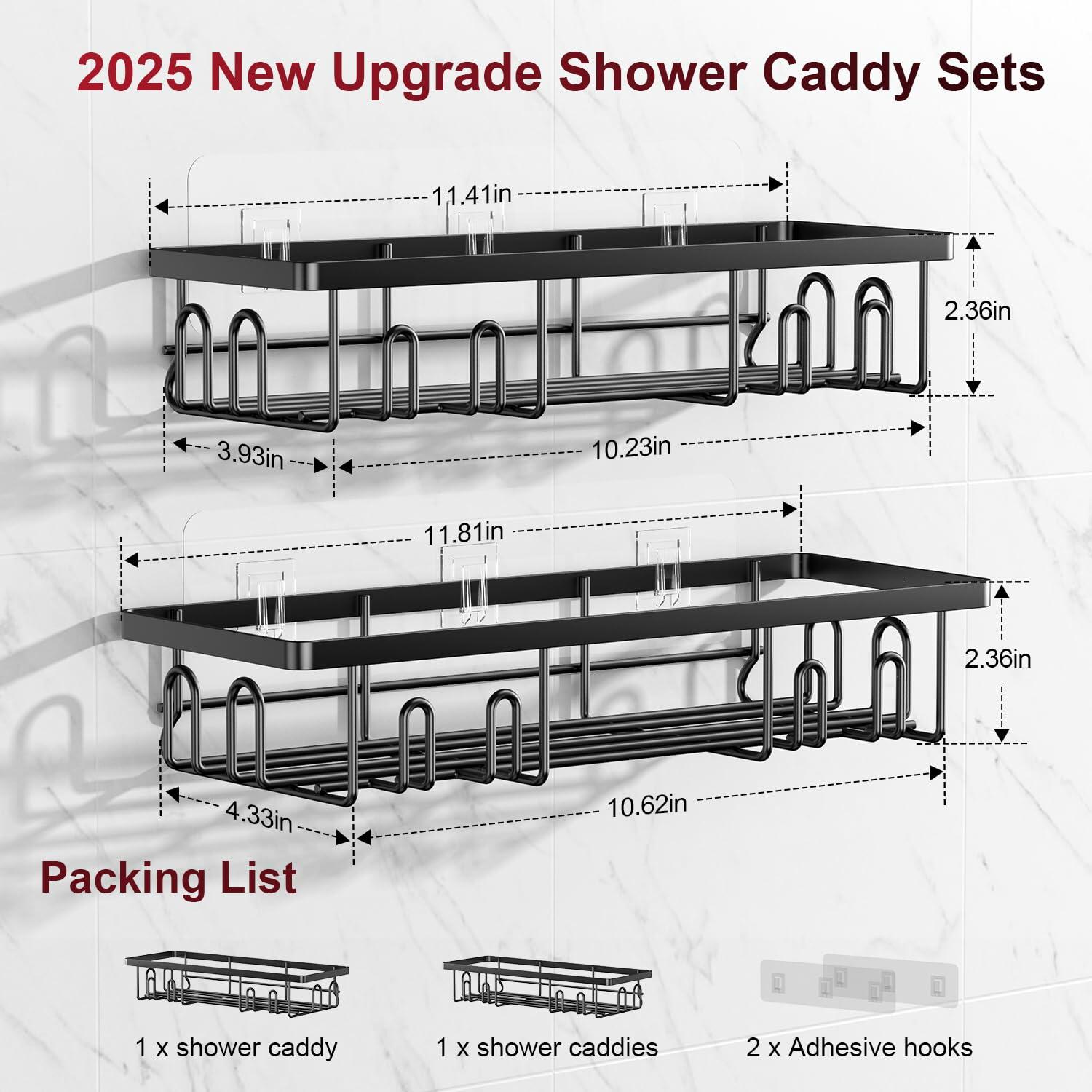 2 PACK Getsrichfc Adhesive Shower Caddy, Shower Shelves with 16 Hooks, Rustproof