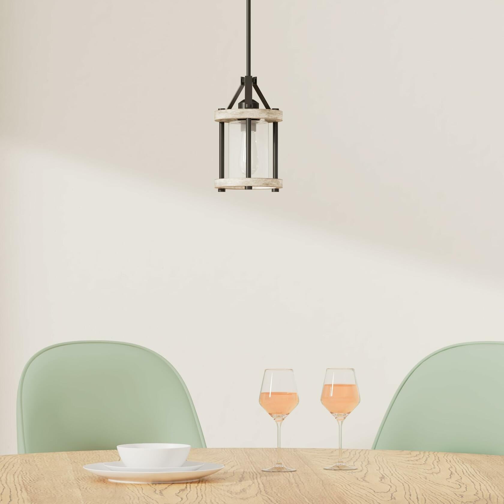 Ejerlya Farmhouse Pendant Light, Rustic White Wood and Metal Cage Hanging Light