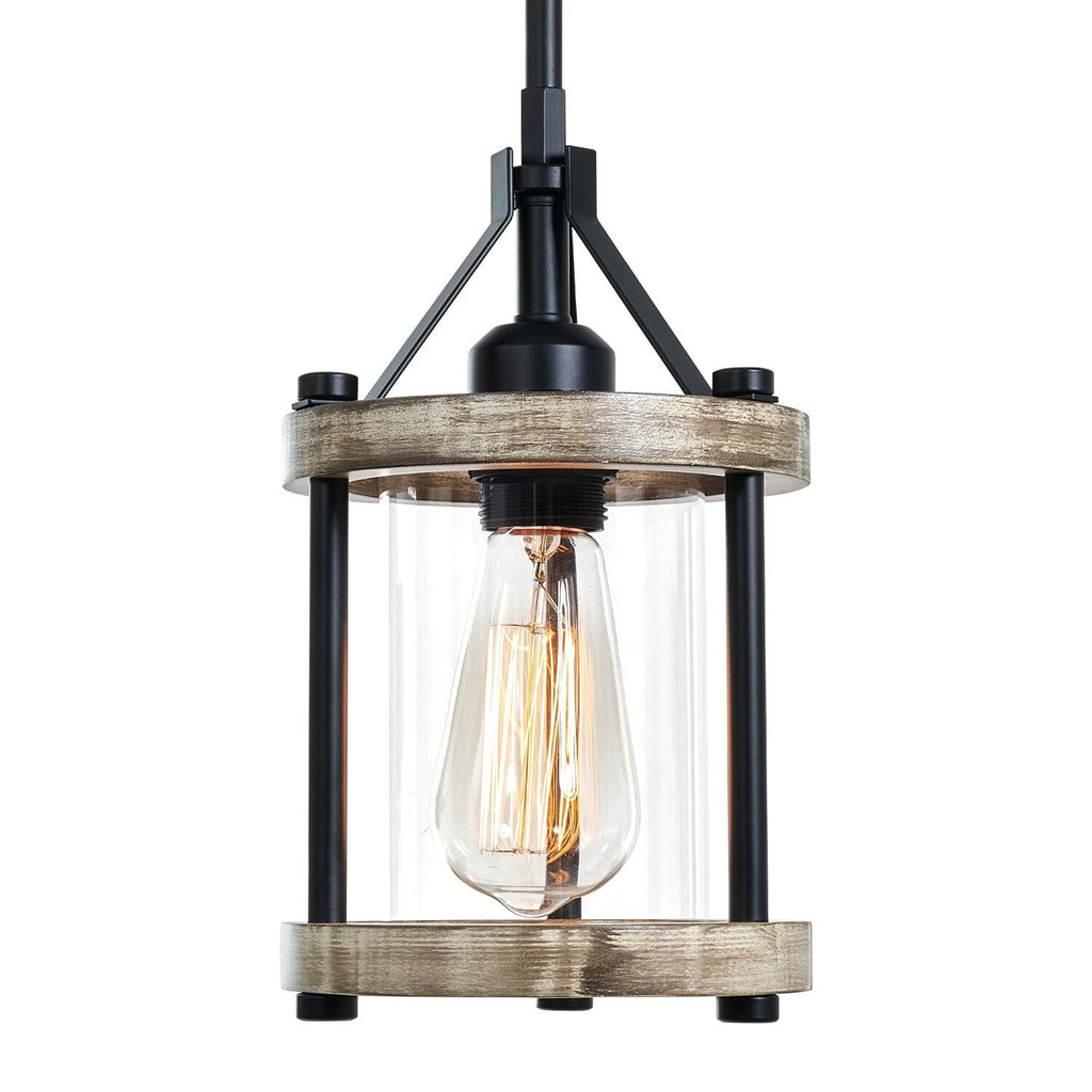 Ejerlya Farmhouse Pendant Light, Rustic White Wood and Metal Cage Hanging Light
