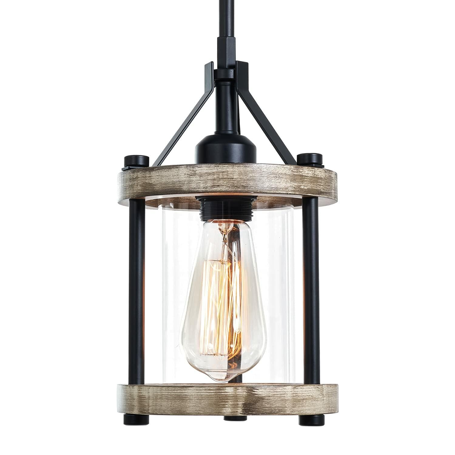 Ejerlya Farmhouse Pendant Light, Rustic White Wood and Metal Cage Hanging Light