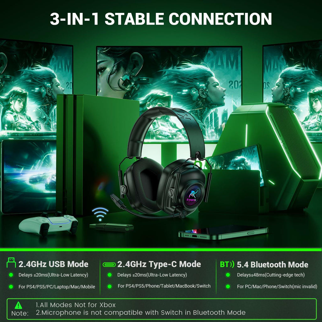 Krysenix 2.4 GHz Wireless Gaming Headset for PC, PS5, PS4, Switch, Mac,