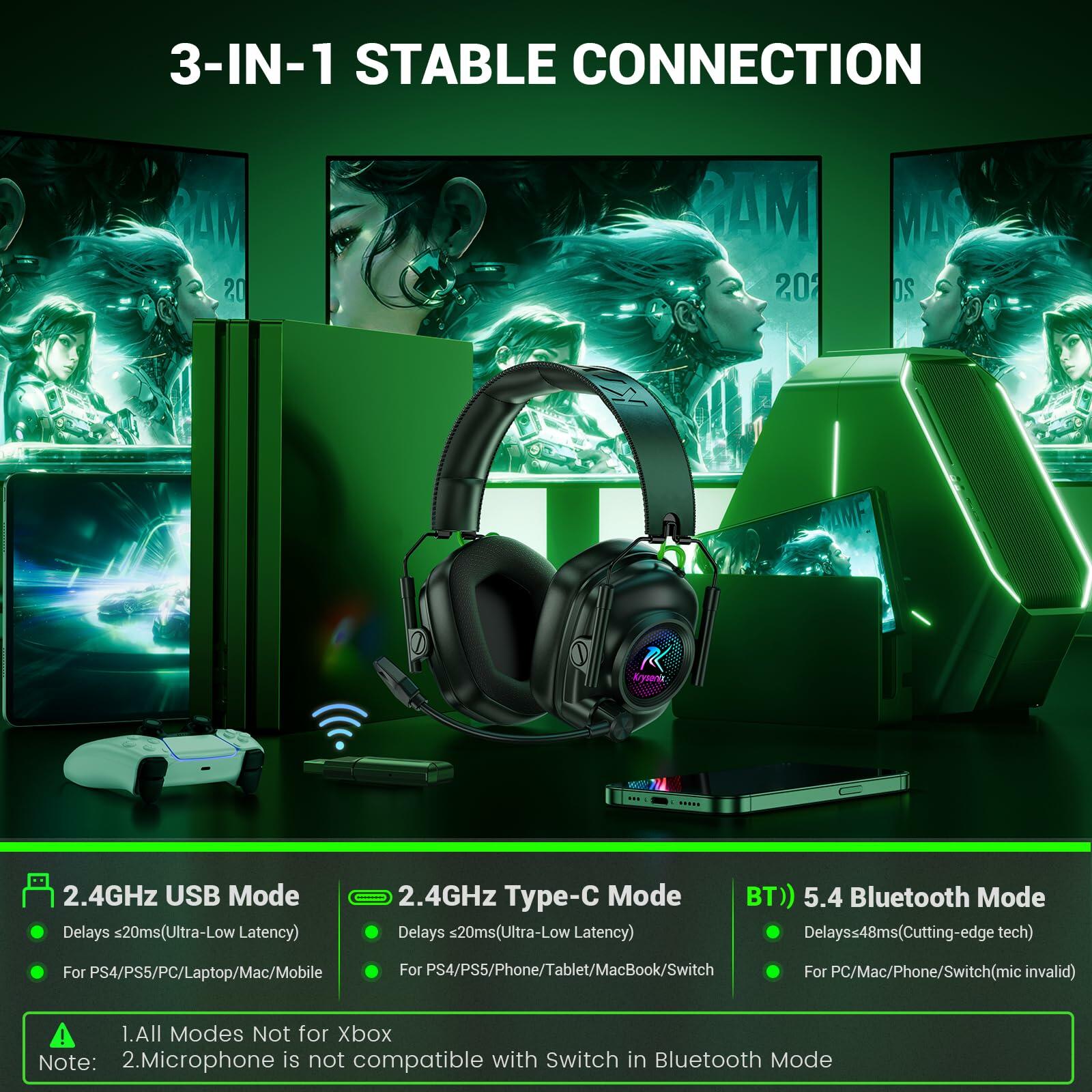 Krysenix 2.4 GHz Wireless Gaming Headset for PC, PS5, PS4, Switch, Mac,