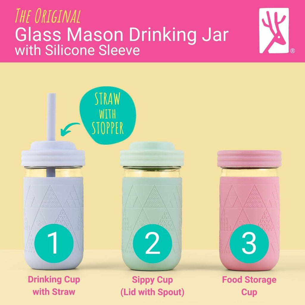 4 Pack Elk and Friends Kids + Toddler Glass Cups The Original 12oz Glass Mason