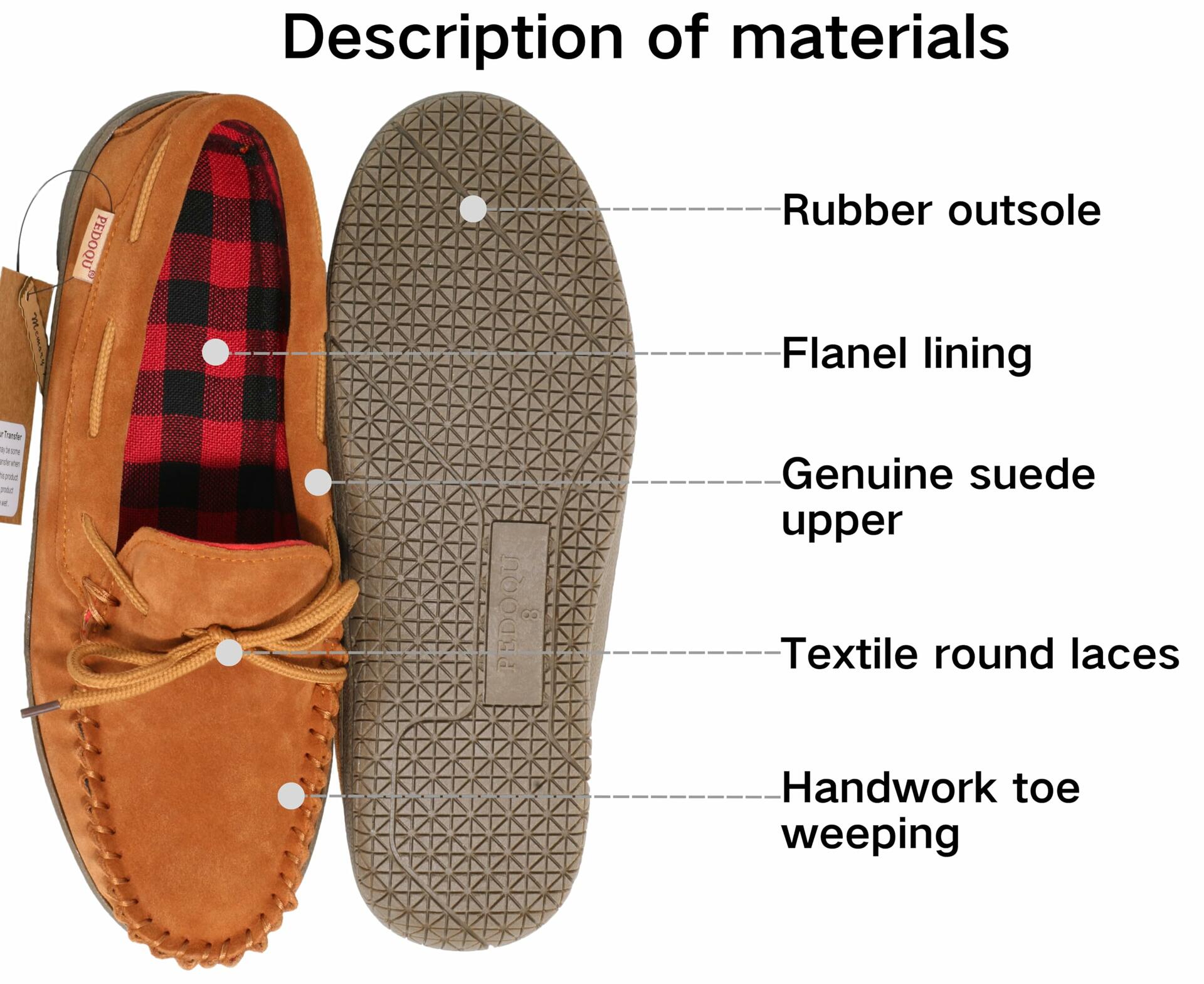 PEDOQU Size 7 Men’s moccasin slippers with tie genuine leather upper memory foam
