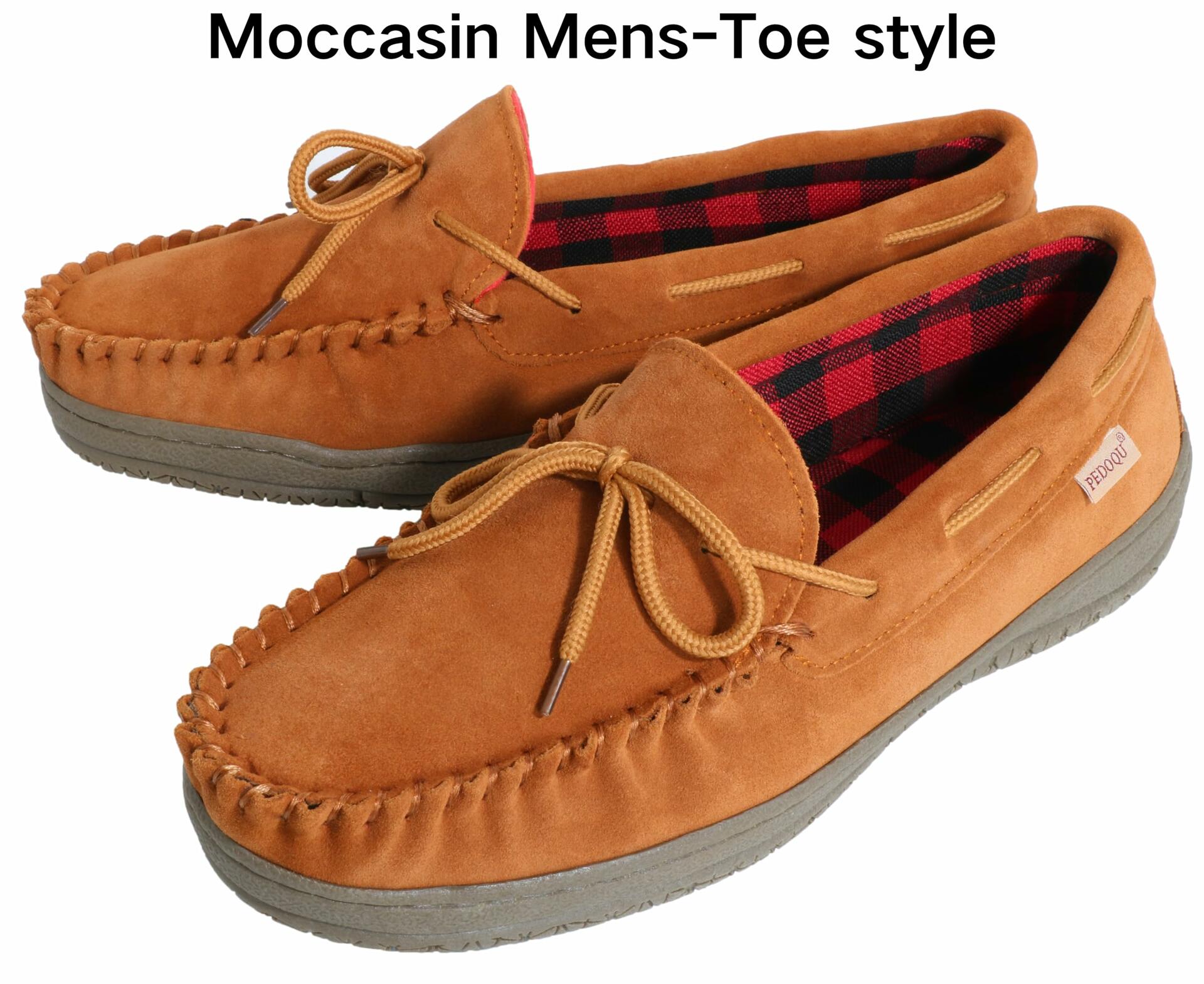 PEDOQU Size 7 Men’s moccasin slippers with tie genuine leather upper memory foam