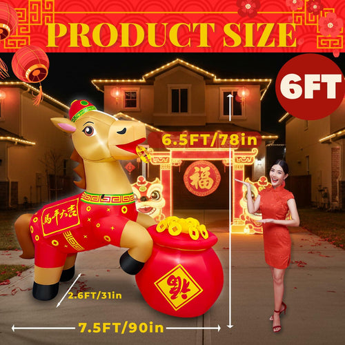 6FT Inflatable Chinese Horse with Red Outfit and Gold Coins, 2026 Year of The