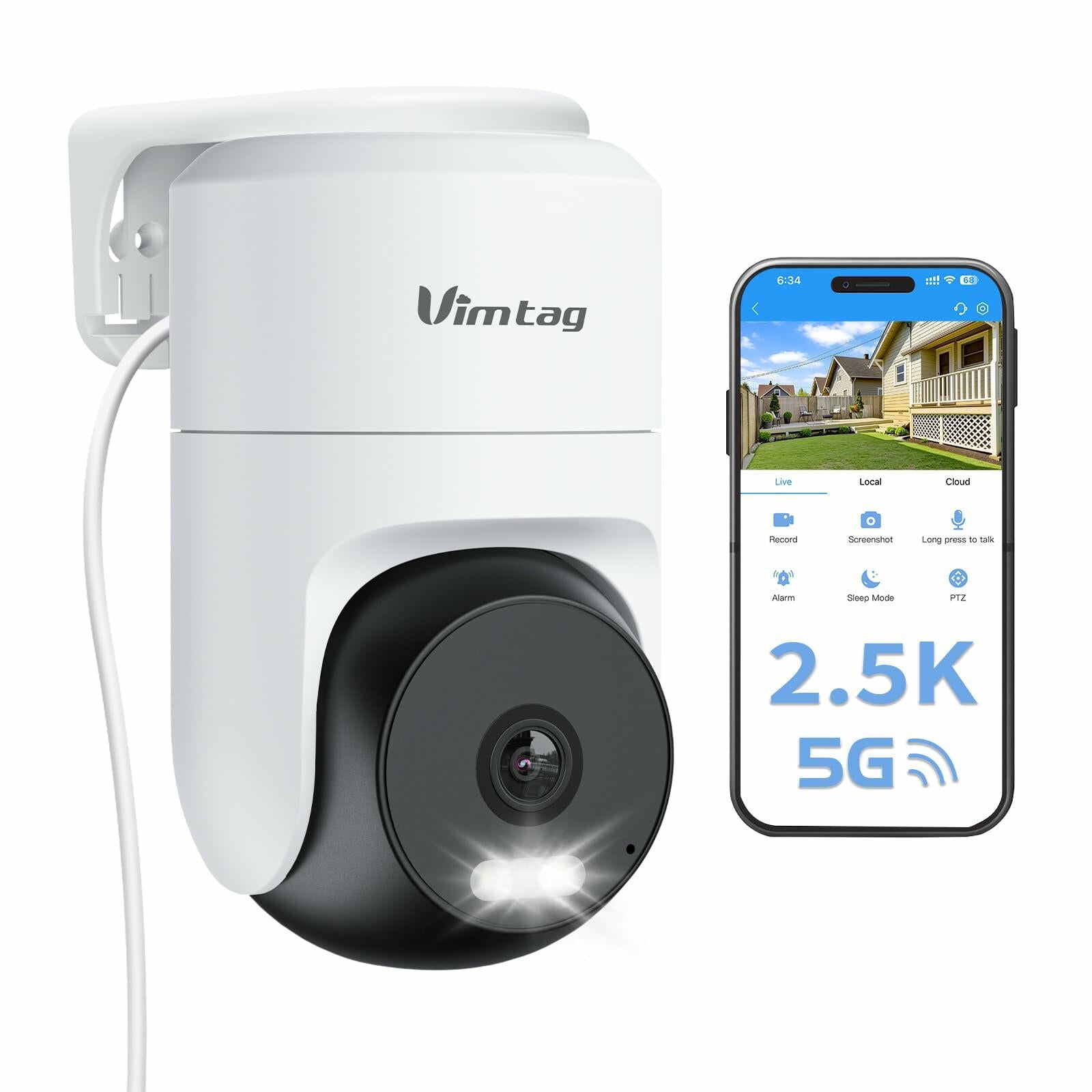 VIMTAG Pan/Tilt Outdoor Security Camera, 2.5K 4MP WiFi Home CCTV Camera, 360°