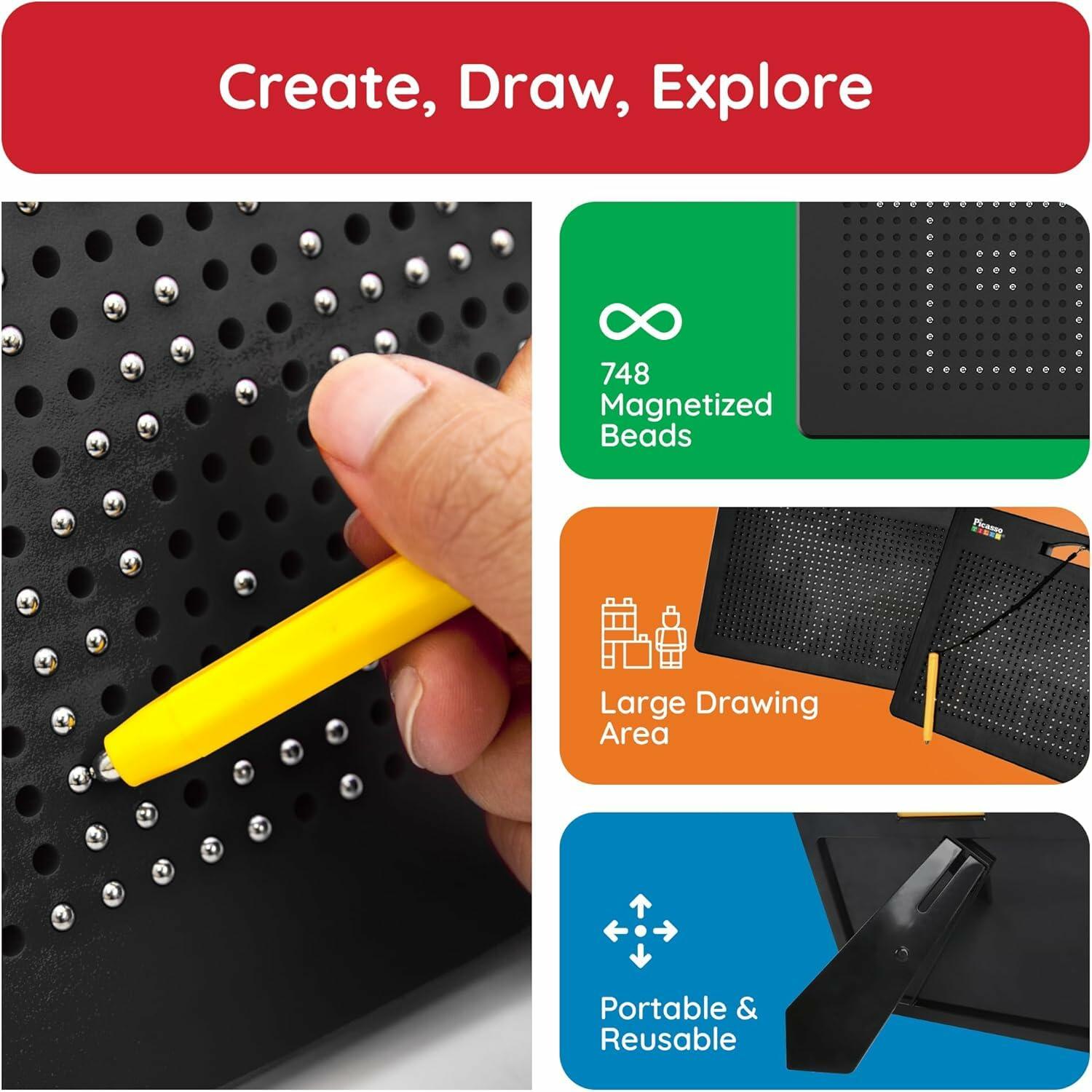 PicassoTiles Magnetic Drawing Board 748 Beads Pad Large 12x10 Inch STEM Writing