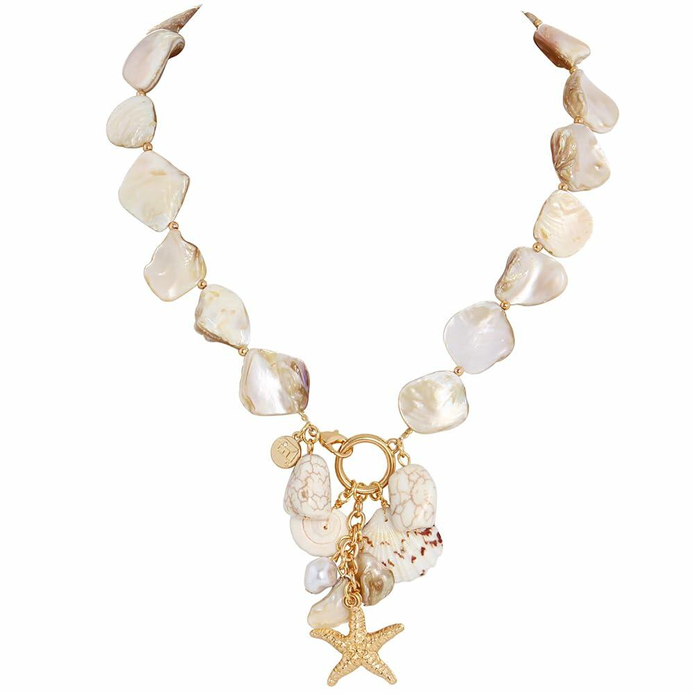 Firstmeet Natural Freshwater Shell Choker with Pearl Starfish Turquoise Pendant